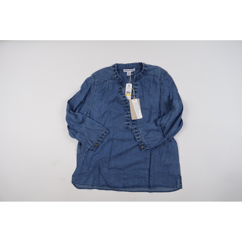 Tommy Bahama Chambray O'Lei Embroidered Top Indigo Blue M NWT 138